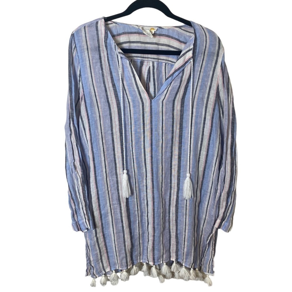 C&C California Women's Beach 100% Linen Tunic Swim Cover Up Tassel Size M